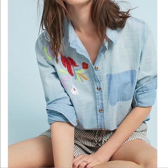 Maeve Boise Embroidered Chambray Button Down Top Extra Small - Picture 1 of 11